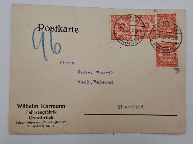 A 1923 Postcard in German with 4 Germany inflation 10 million Mark stamps.