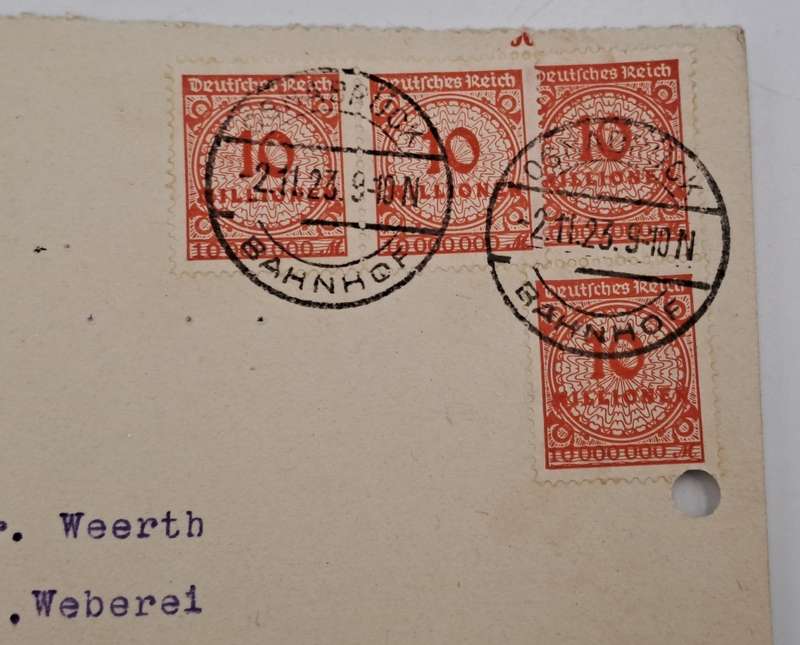 A 1923 Postcard in German with 4 Germany inflation 10 million Mark stamps.