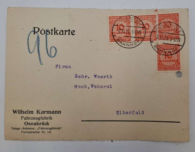 A 1923 Postcard in German with 4 Germany inflation 10 million Mark stamps.
