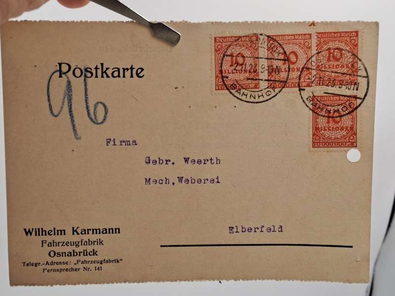 A 1923 Postcard in German with 4 Germany inflation 10 million Mark stamps.