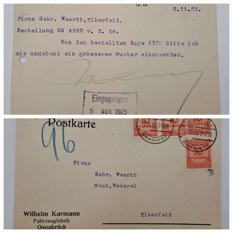A 1923 Postcard in German with 4 Germany inflation 10 million Mark stamps.