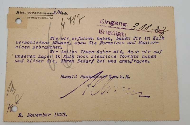A 1923 Postcard in German with 2 Germany inflation 5 million Mark stamps.
