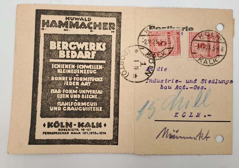 A 1923 Postcard in German with 2 Germany inflation 5 million Mark stamps.