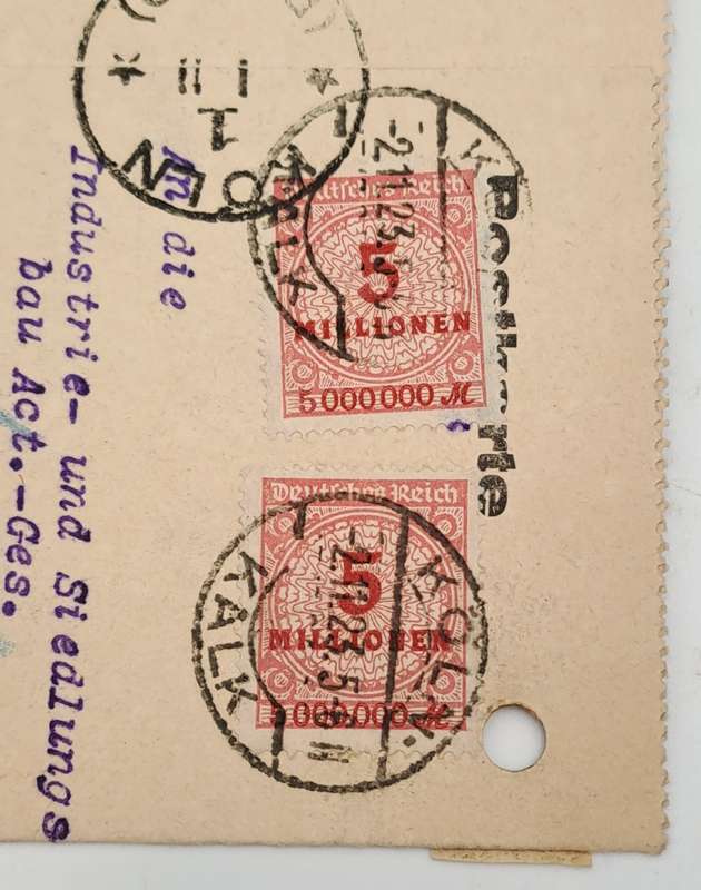 A 1923 Postcard in German with 2 Germany inflation 5 million Mark stamps.