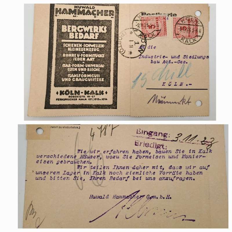 A 1923 Postcard in German with 2 Germany inflation 5 million Mark stamps.