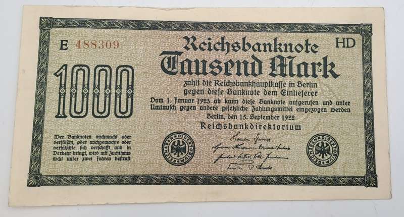 1922 Germany  1000 Mark Reichsbank note