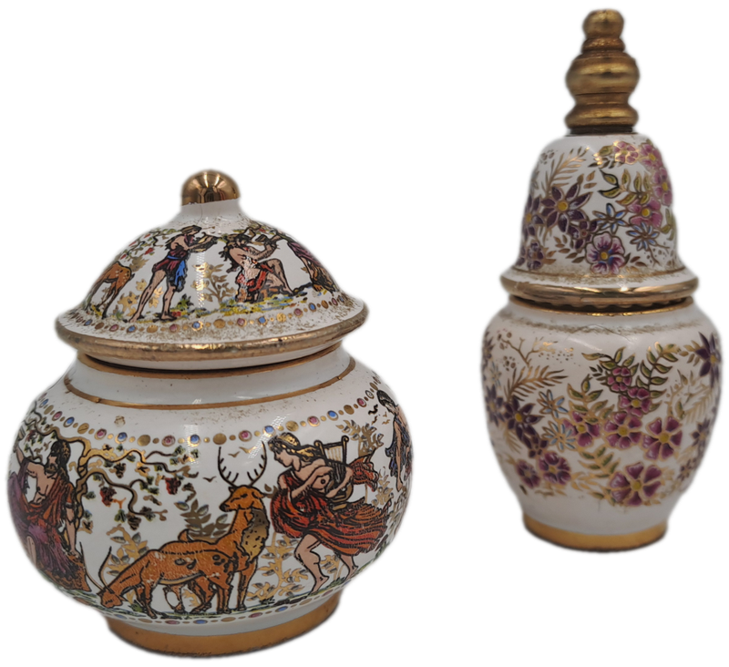 Vintage Greek perfume bottle and perfume ointment pot hand Painted.