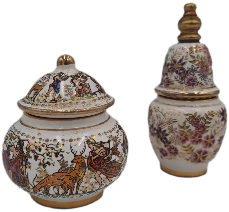 Vintage Greek perfume bottle and perfume ointment pot hand Painted.
