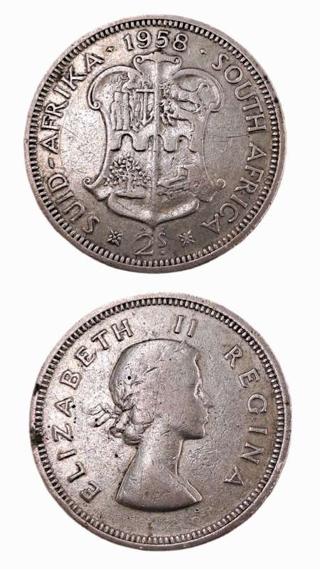 1958 South Africa Silver (.500) 2 Shillings - Elizabeth II 1st portrait