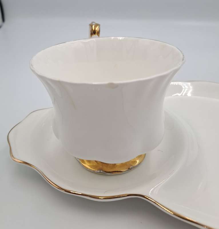 Vintage Royal Albert Tennis/Snack Set Val d`Or White and Gold trim (Cup has Chip and Hairline crack)