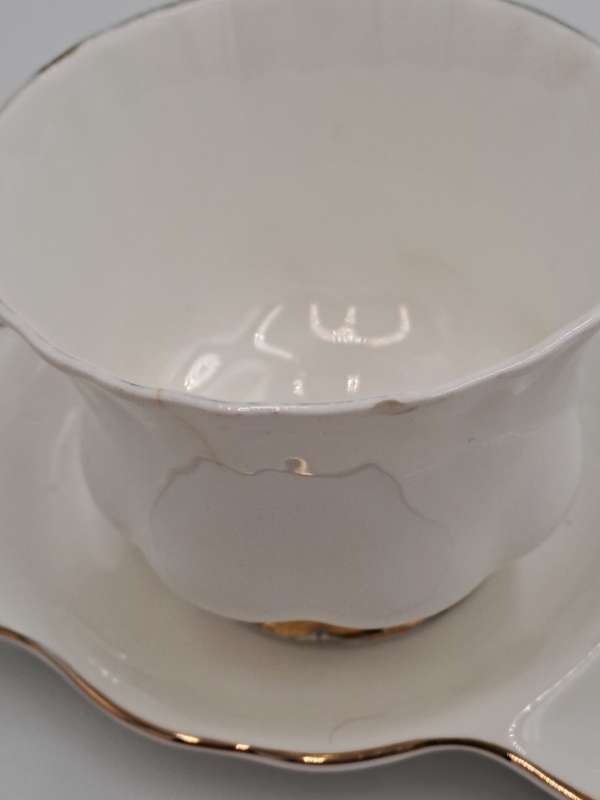 Vintage Royal Albert Tennis/Snack Set Val d`Or White and Gold trim (Cup has Chip and Hairline crack)