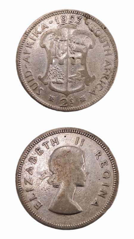 1953 South Africa Silver (.500) 2 Shillings - Elizabeth II 1st portrait