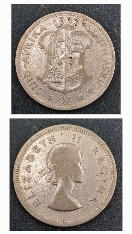 1953 South Africa Silver (.500) 2 Shillings - Elizabeth II 1st portrait