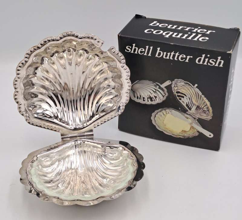 Vintage  Silver Plated Shell Butter Dish - Boxed