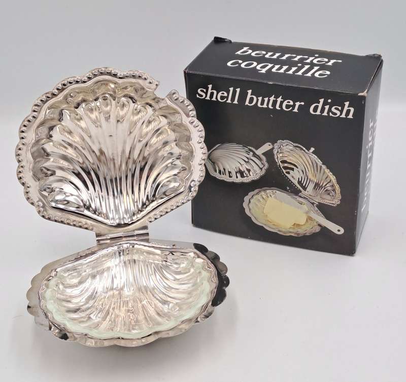 Vintage  Silver Plated Shell Butter Dish - Boxed