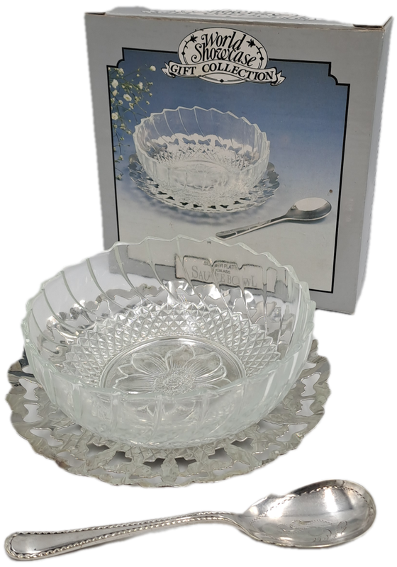 Vintage World Showcase Gift Collection Silver Plated tray and Glass Sauce Bowl with Spoon-Boxed