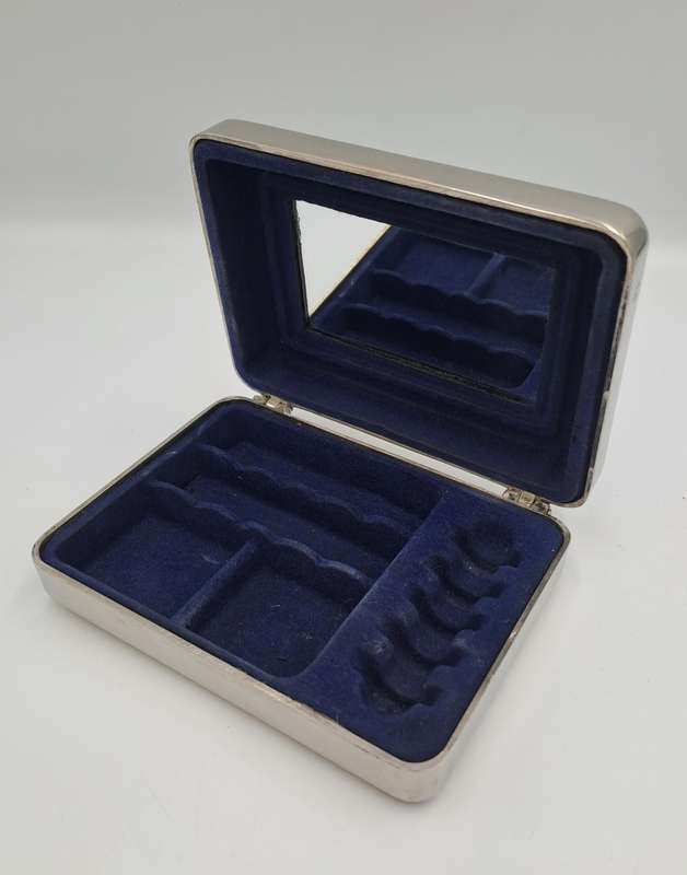 Vintage Silver Plated Jewlery Box Vanity travel Storage with inside mirror