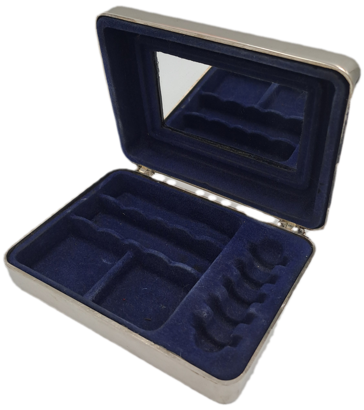 Vintage Silver Plated Jewlery Box Vanity travel Storage with inside mirror