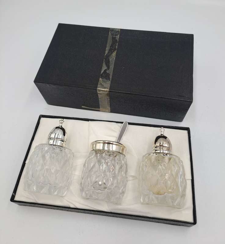 Vintage four Piece Glass and Silver Plate Condiment set- Salt -Pepper -Mustard set-Boxed