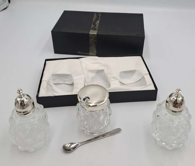 Vintage four Piece Glass and Silver Plate Condiment set- Salt -Pepper -Mustard set-Boxed