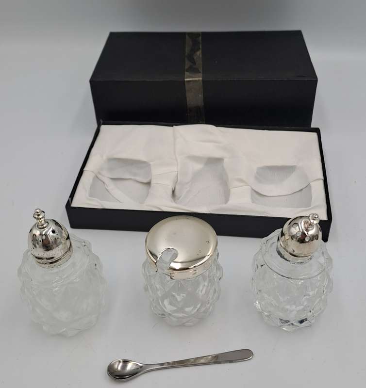 Vintage four Piece Glass and Silver Plate Condiment set- Salt -Pepper -Mustard set-Boxed