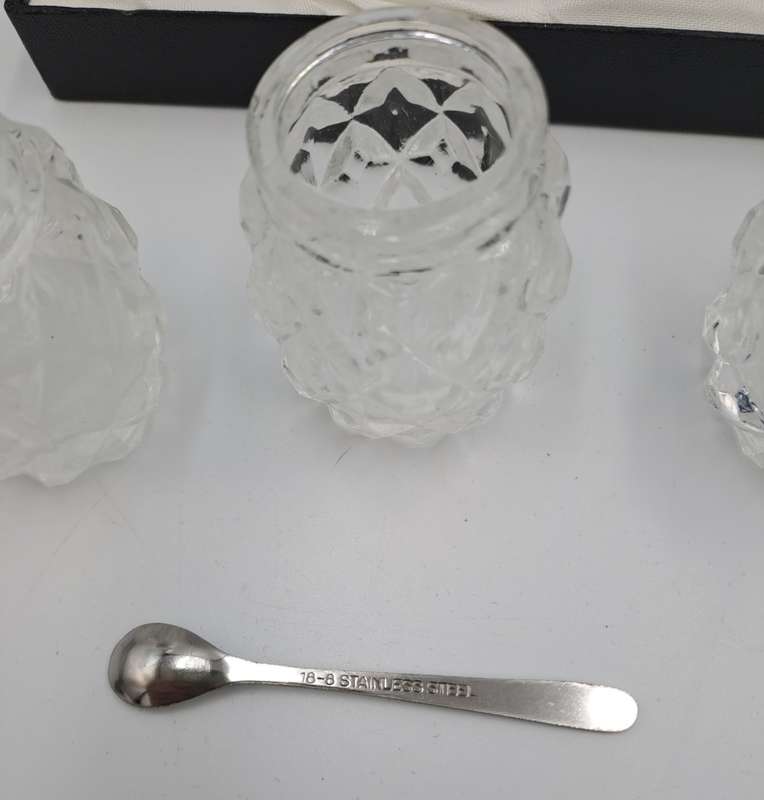 Vintage four Piece Glass and Silver Plate Condiment set- Salt -Pepper -Mustard set-Boxed