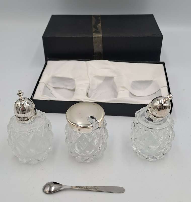Vintage four Piece Glass and Silver Plate Condiment set- Salt -Pepper -Mustard set-Boxed