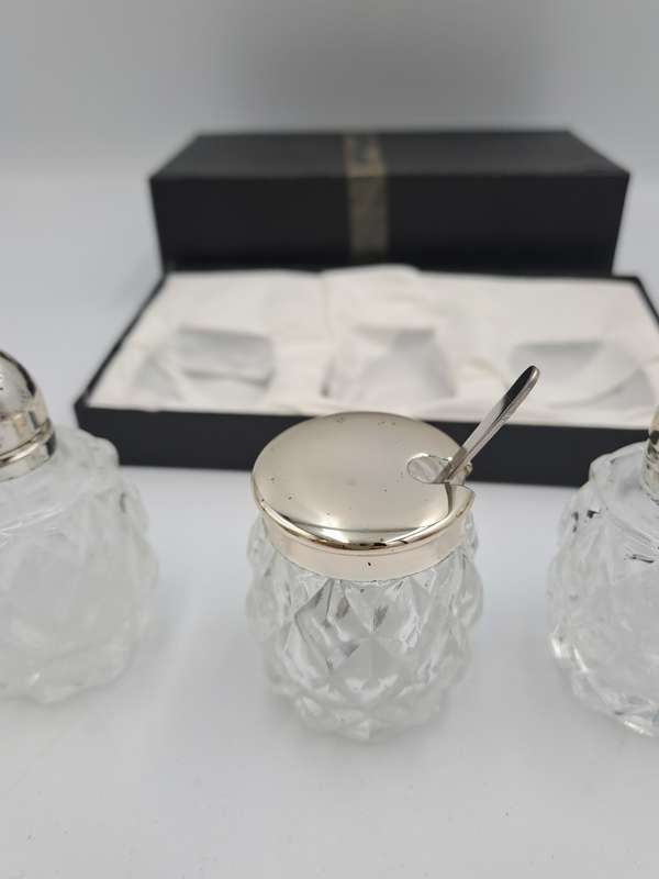 Vintage four Piece Glass and Silver Plate Condiment set- Salt -Pepper -Mustard set-Boxed