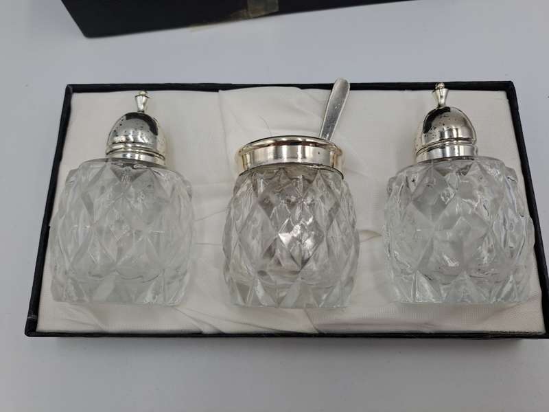 Vintage four Piece Glass and Silver Plate Condiment set- Salt -Pepper -Mustard set-Boxed