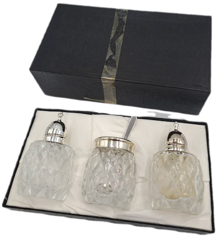 Vintage four Piece Glass and Silver Plate Condiment set- Salt -Pepper -Mustard set-Boxed