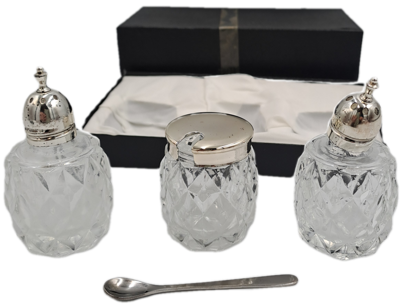 Vintage four Piece Glass and Silver Plate Condiment set- Salt -Pepper -Mustard set-Boxed