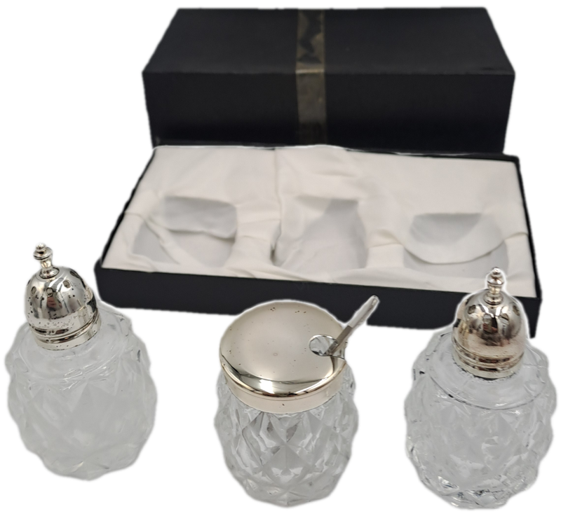 Vintage four Piece Glass and Silver Plate Condiment set- Salt -Pepper -Mustard set-Boxed