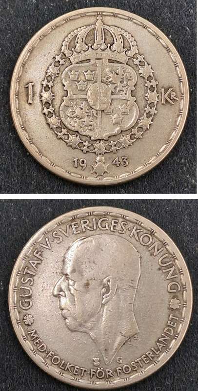 1943 Sweden (Silver .400) 1 Krona - Gustaf V