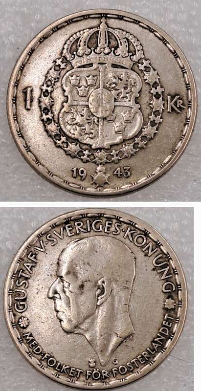 1943 Sweden (Silver .400) 1 Krona - Gustaf V