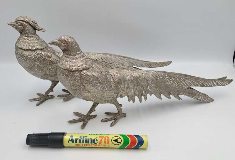 Vintage Retro Silver metal Lead pewter Pheasant Pair figurines. 900 grams