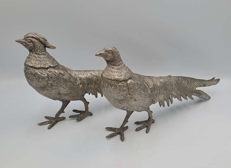 Vintage Retro Silver metal Lead pewter Pheasant Pair figurines. 900 grams