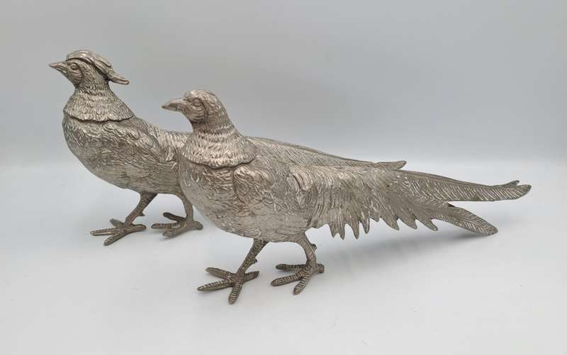 Vintage Retro Silver metal Lead pewter Pheasant Pair figurines. 900 grams