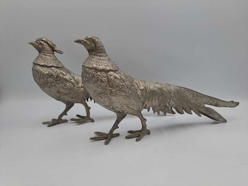 Vintage Retro Silver metal Lead pewter Pheasant Pair figurines. 900 grams