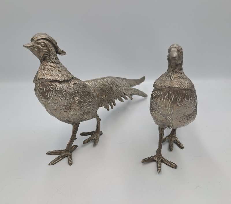 Vintage Retro Silver metal Lead pewter Pheasant Pair figurines. 900 grams