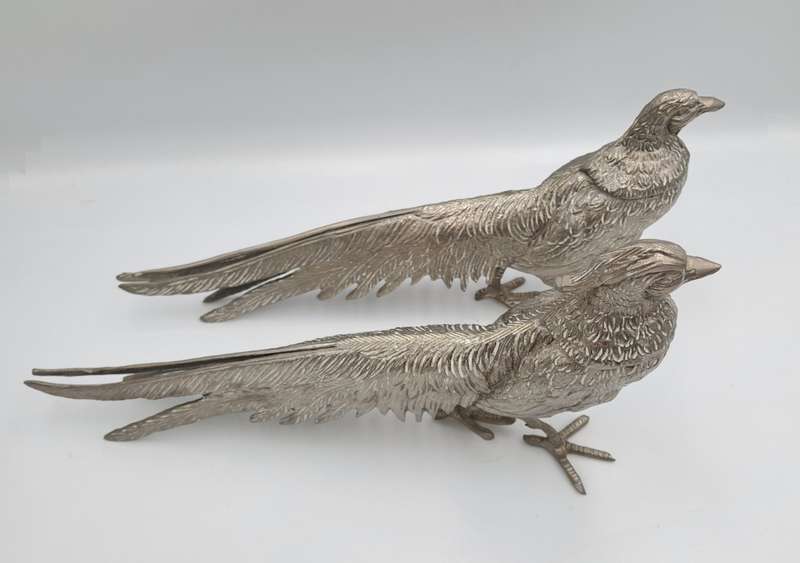 Vintage Retro Silver metal Lead pewter Pheasant Pair figurines. 900 grams