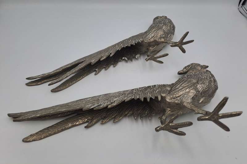 Vintage Retro Silver metal Lead pewter Pheasant Pair figurines. 900 grams