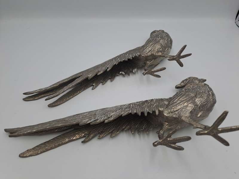 Vintage Retro Silver metal Lead pewter Pheasant Pair figurines. 900 grams