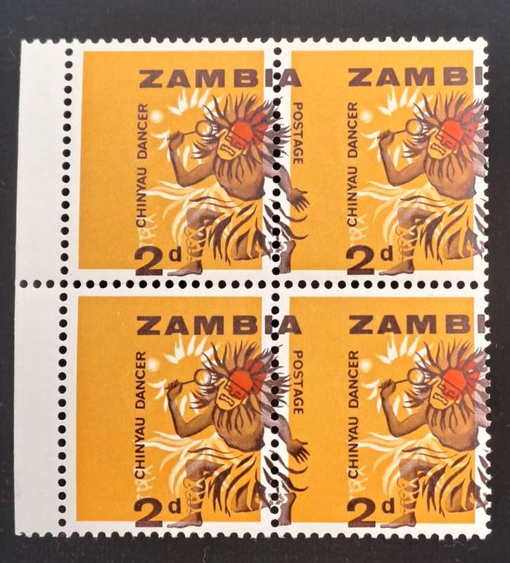 Rare!!! Shifted Print Error 1964 Zambia 2d ( block of 4) -Chinyau Dancer-Unused