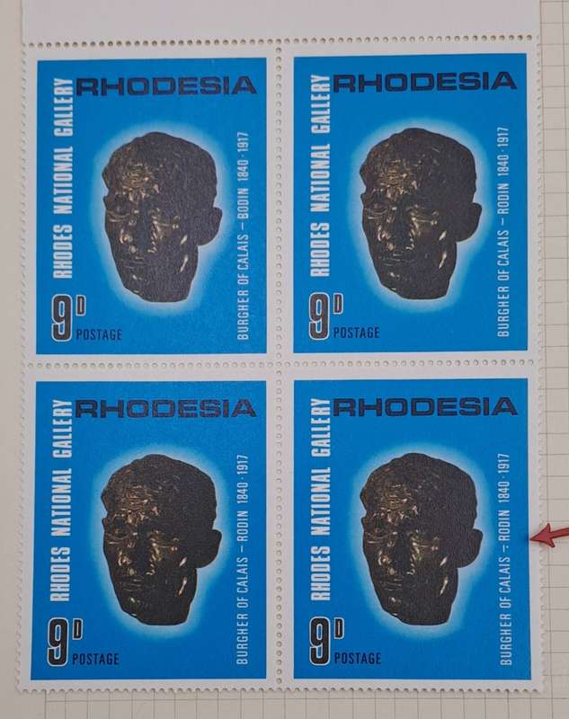 Rhodesia 1967 10th Anniversary Rhodes National Gallery 9d-Block of 4 - One has dot below the hyphen