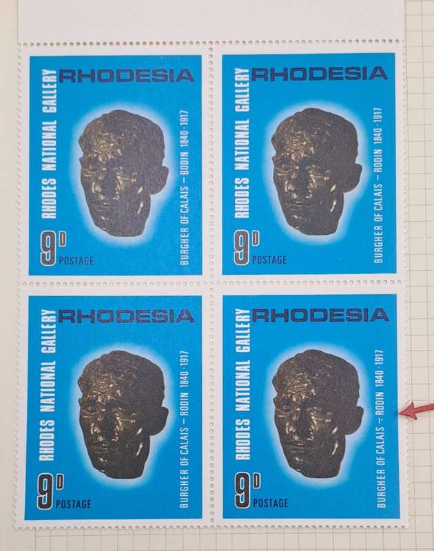 Rhodesia 1967 10th Anniversary Rhodes National Gallery 9d-Block of 4 - One has dot below the hyphen