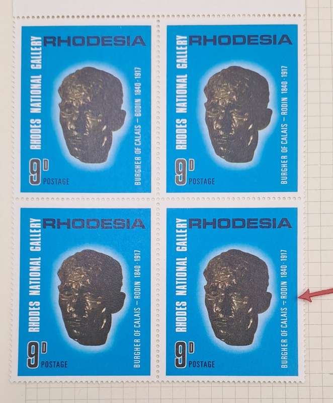 Rhodesia 1967 10th Anniversary Rhodes National Gallery 9d-Block of 4 - One has dot below the hyphen