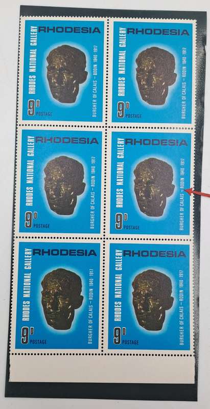 Rhodesia 1967 10th Anniversary Rhodes National Gallery 9d-Block of 6 - One has dot below the hyphen