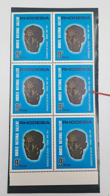 Rhodesia 1967 10th Anniversary Rhodes National Gallery 9d-Block of 6 - One has dot below the hyphen
