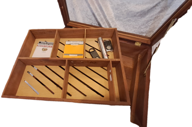 Large Vintage Wood Cigar Display Case from the Tobacco Co. with 16 Cigars and 2 cutters.