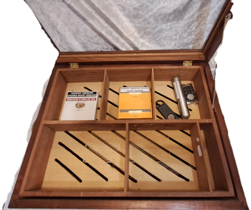 Large Vintage Wood Cigar Display Case from the Tobacco Co. with 16 Cigars and 2 cutters.
